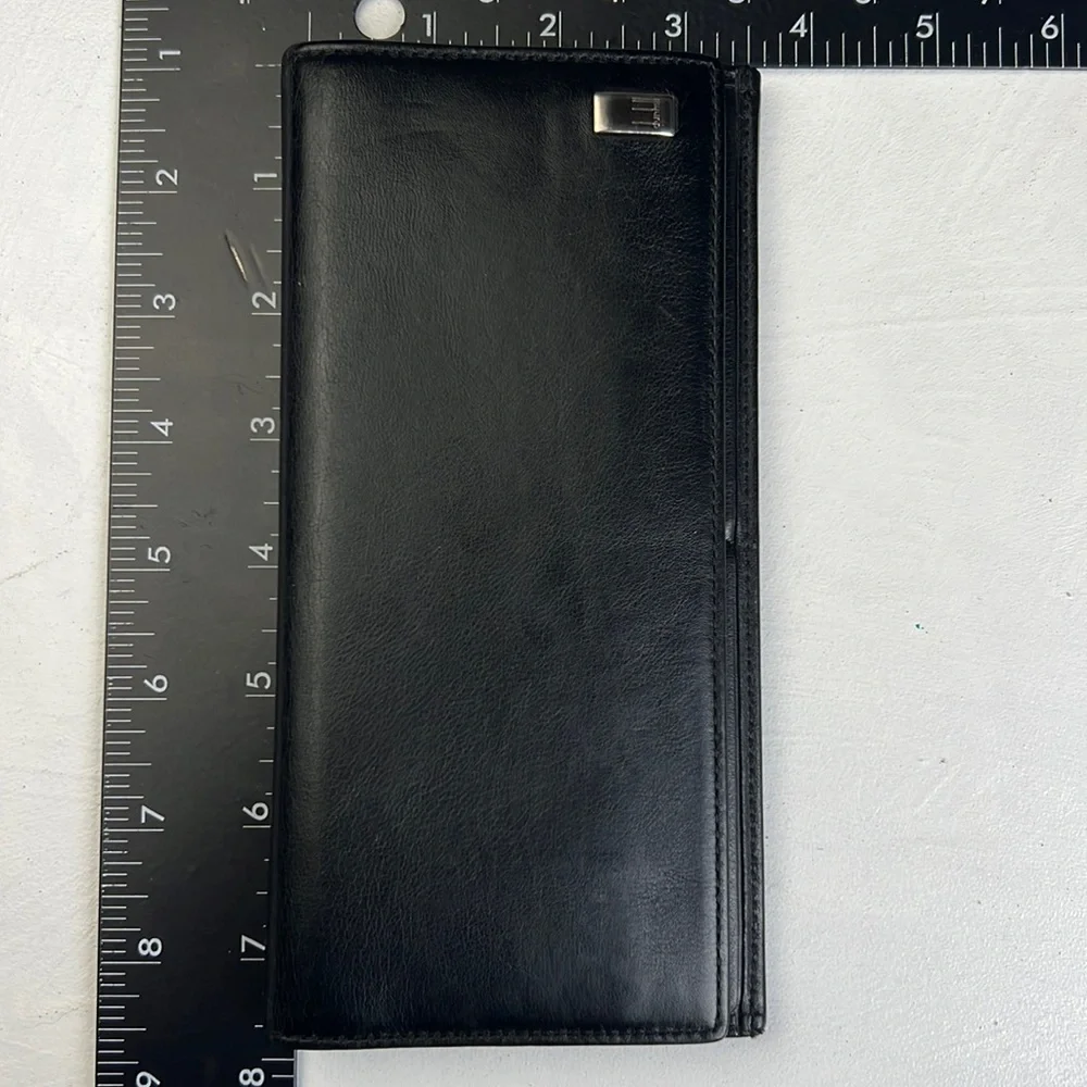 Auth. Dunhill Black Leather Long Bifold Wallet Card Bill holder Roomy Heavy duty